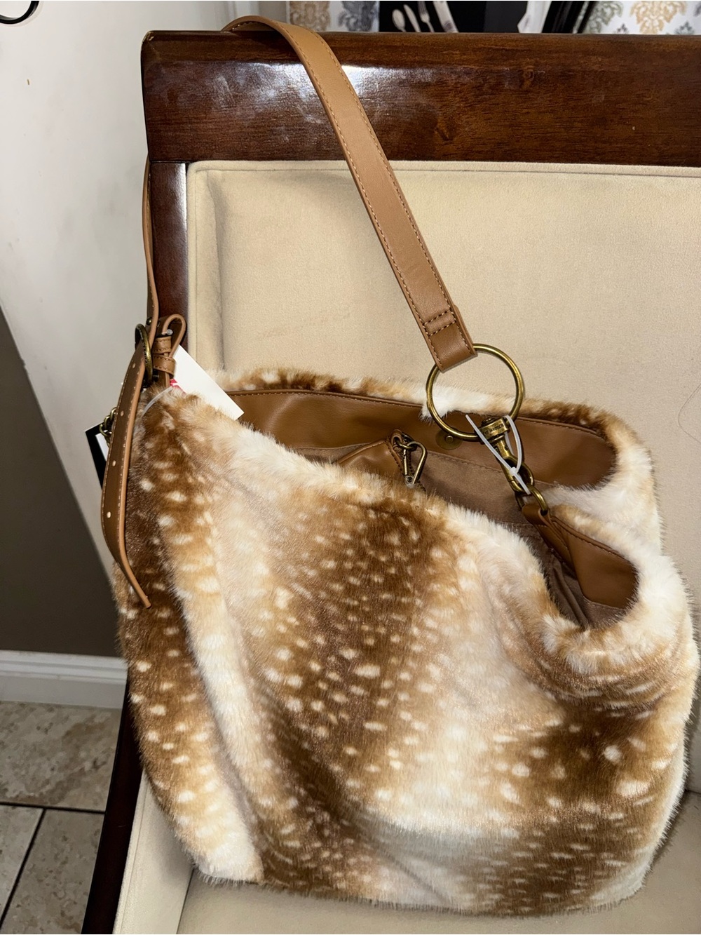 Steve Madden Faux Fur Shoulder Bag in Brown and Cream